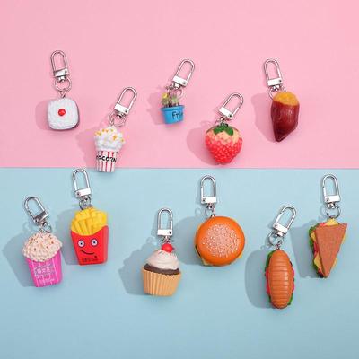Resin Keychain with Strawberry, Sweet Potato, Burger, Fries, Popcorn, Sandwich & Green Plant Charms