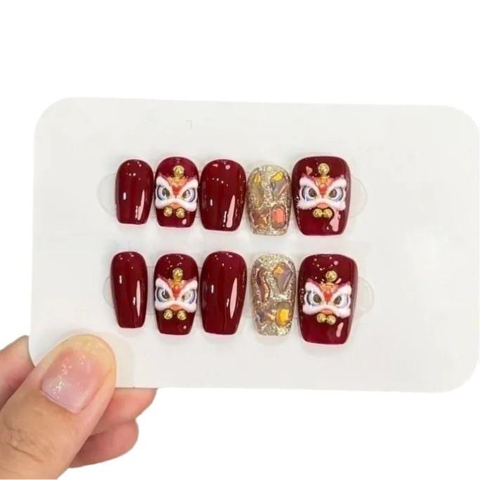 Pure Hand-made Phototherapy Wearer Red Lion Dance Finished Product Reusable Nail Art Patch