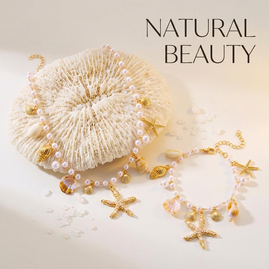 Ocean Style Imitation Pearl Starfish Shell Pendant Bracelet for Women Boho Conch Metal Chain Bangles Summer Beach Party Jewelry
