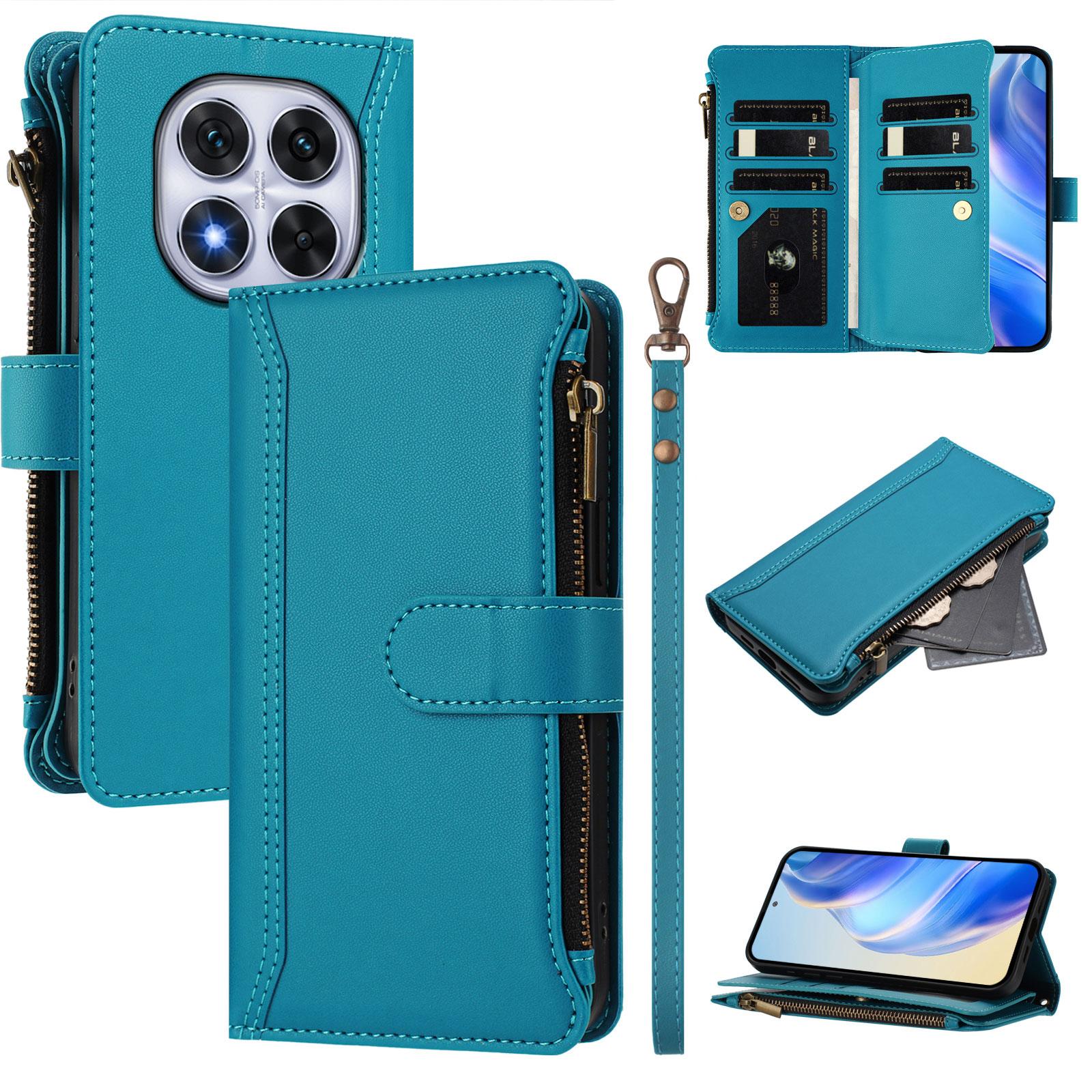 

Шкіряний чохол для Xiaomi Redmi Note 14 Pro 4G з 9 відділеннями для карток, гаманцем на блискавці, підставкою, чохол для телефону з ремінцем на зап ястя Lake Blue