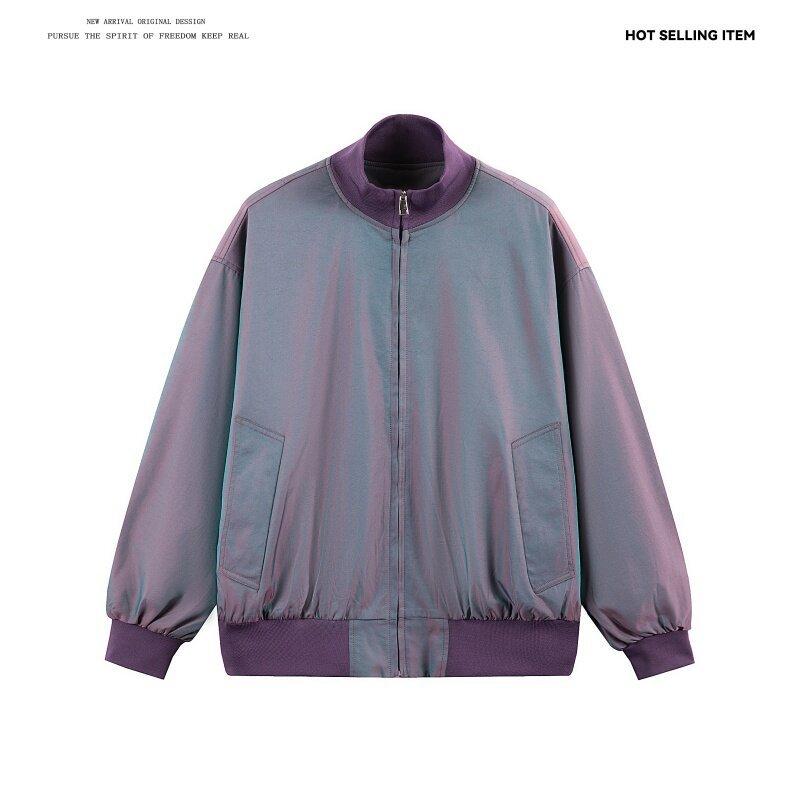 

Colorful satin stand-up collar jacket men s spring and autumn high-end men s top 2025 new trendy brand short jacket 5XL фиолетовый