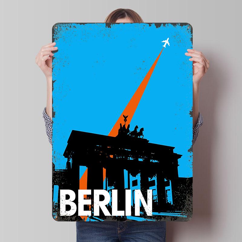 

Berlin Travel With Airplane Poster Customized Wall Art Vintage Metal Signs Retro Tin Plaque for Man Cave Decoration Home Decor 7.9x11.8In(20x30cm)