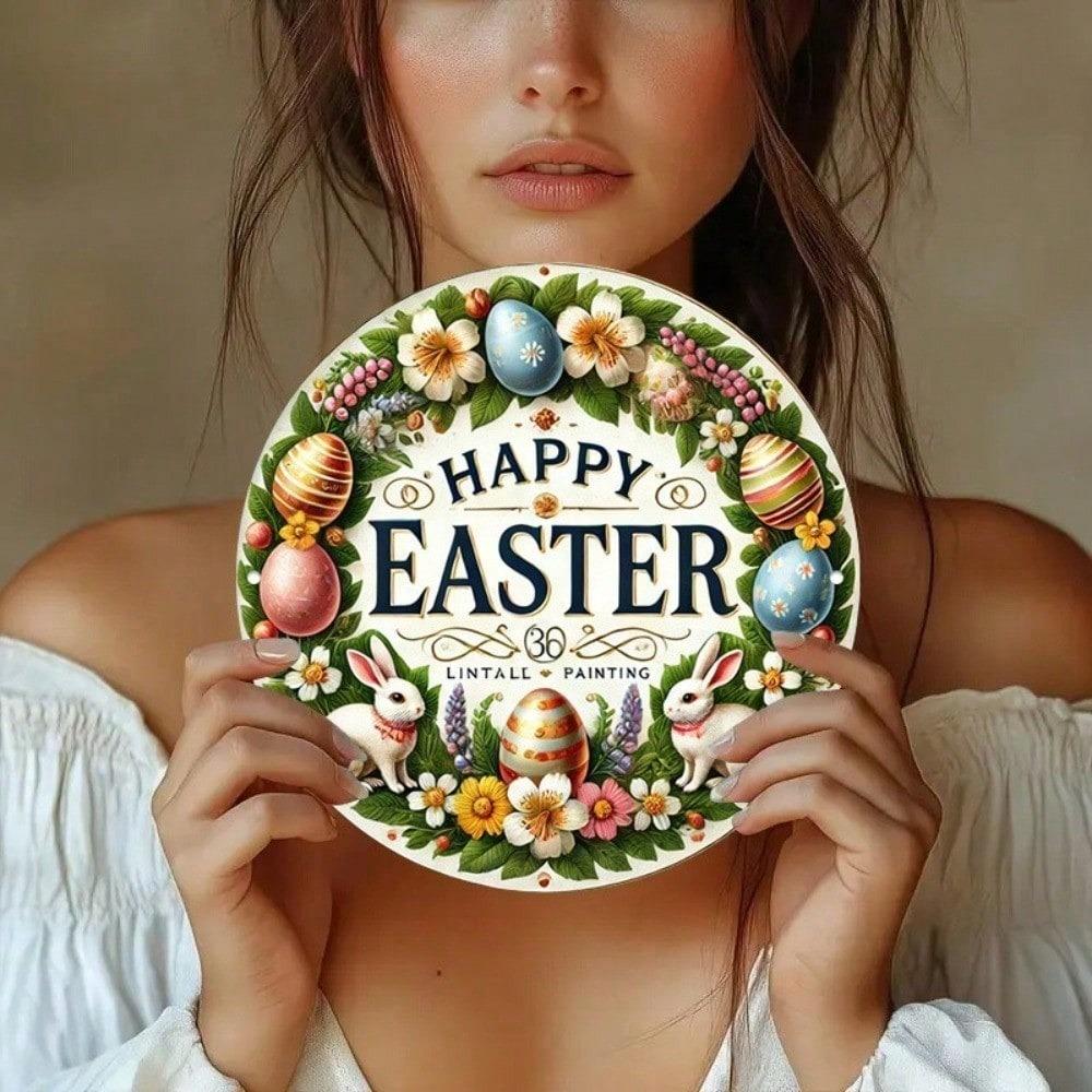Vintage Easter Metal Wall Art Round Spring Home Decor Hanging Ornament Rustic Farmhouse Seasonal Display