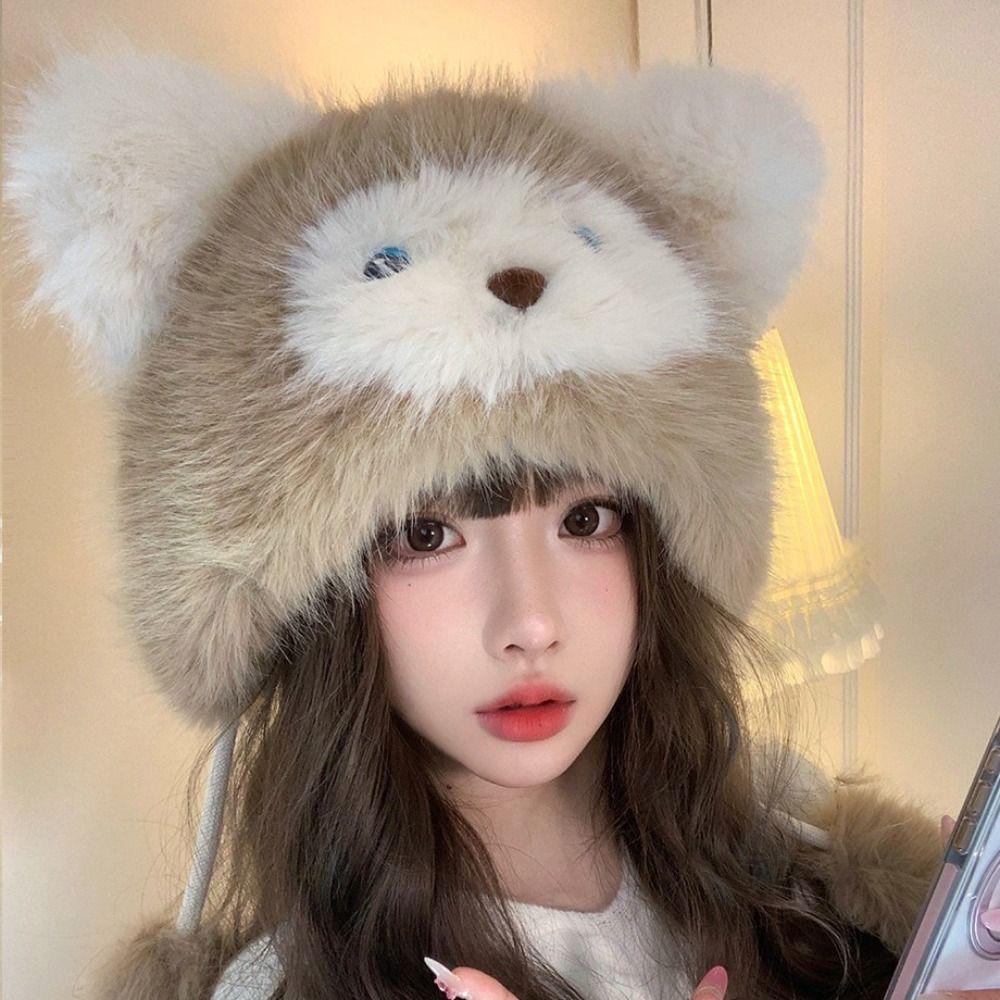 Thicken Fluffy Pullover Cap Soft Woolen Hat Winter Animals Ears Beanie Hat  Skiing