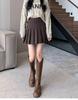 Women's Plus Size Khaki Wool Pleated A-Line Skirt - High Waist, Short Length, Ideal for Spring and Autumn