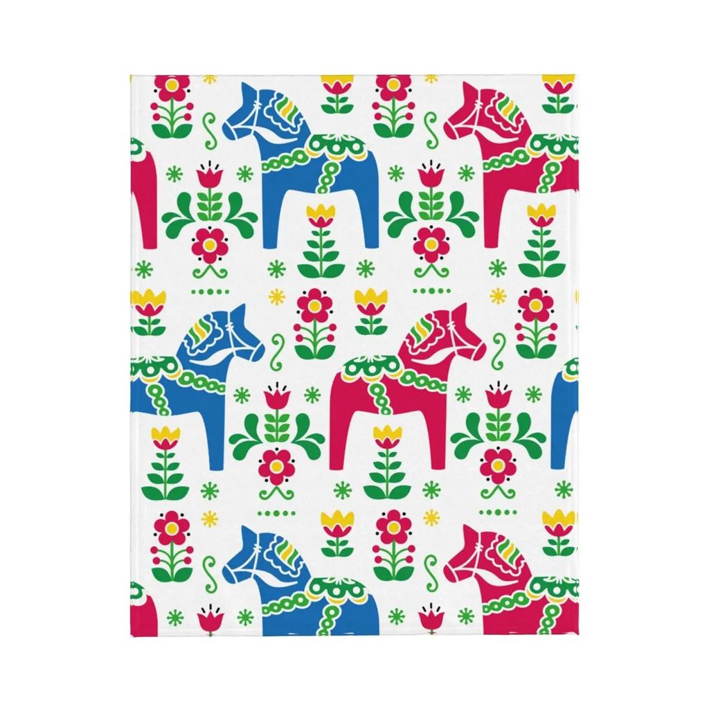 Flannel Fleece Throw Blanket for Couch, Floral Swedish Dala Horses Lightweight Plush Fuzzy Cozy Soft Blankets Throws Bed Sofa