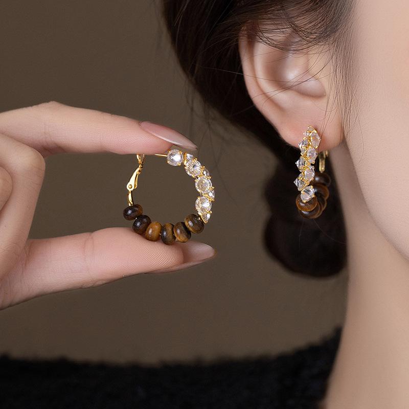 Silver Needle Retro Tiger Eye Zircon Round Earrings - Maillard Style Luxury Studs.