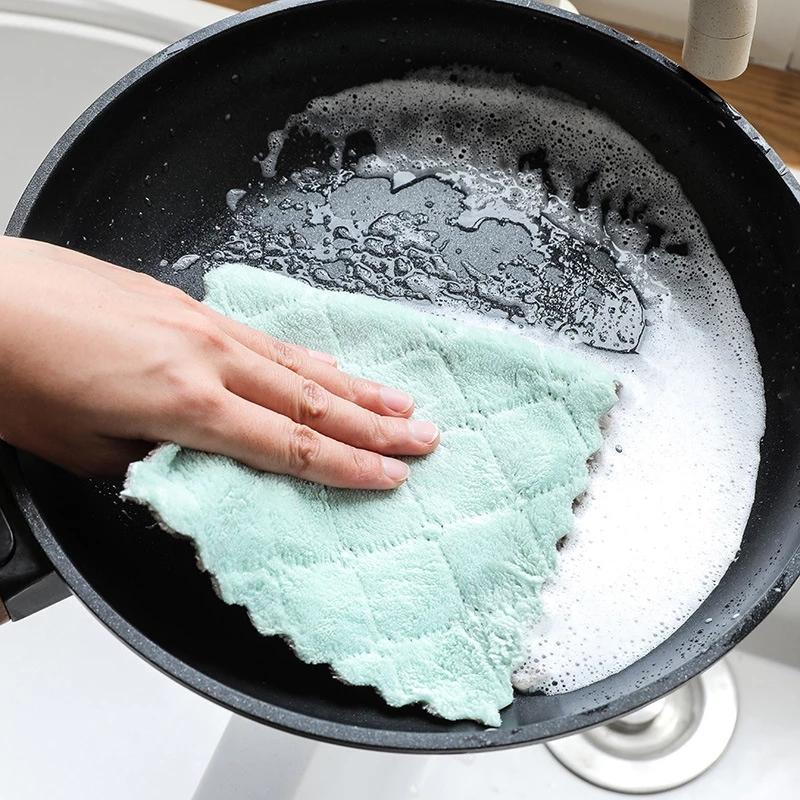 5/10 stk Dobbeltlags Absorberende Mikrofiber Kjøkkenoppvaskklut Non-stick Olje Husholdningsrengjøring Tørkehåndkle Kjøkkenverktøy
