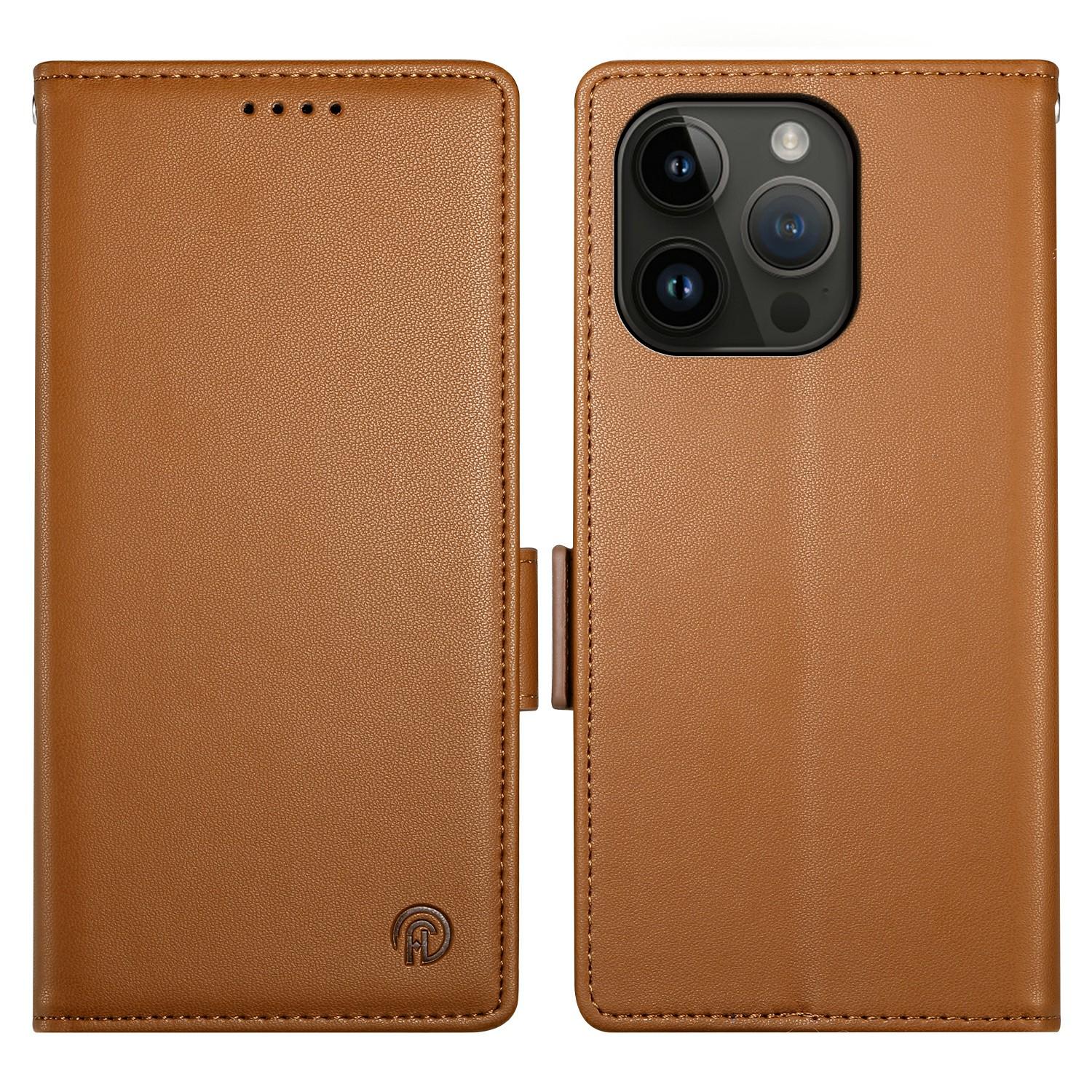 

DF-010 For iPhone 14 Pro Max Case Stand Magnetic Clasp Leather Phone Cover Brown