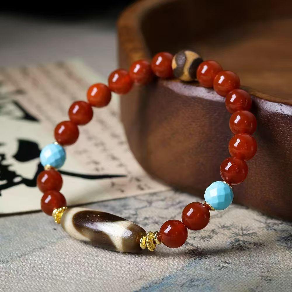 Synthetic Southern Red Agate Dzi Bead Bracelet, Red, Enhances Skin Tone and Elegance, New Chinese Ethnic Style Hand Jewelry for Women