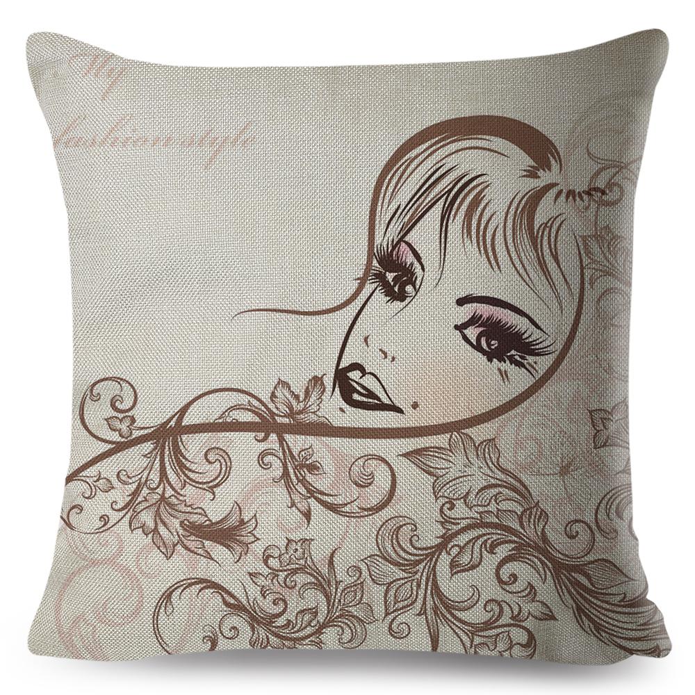 Fashion Woman Art Pillowcase Double Print Boho Lady Cushion Cover Soft Plush Portrait Pillowcase Home Decor
