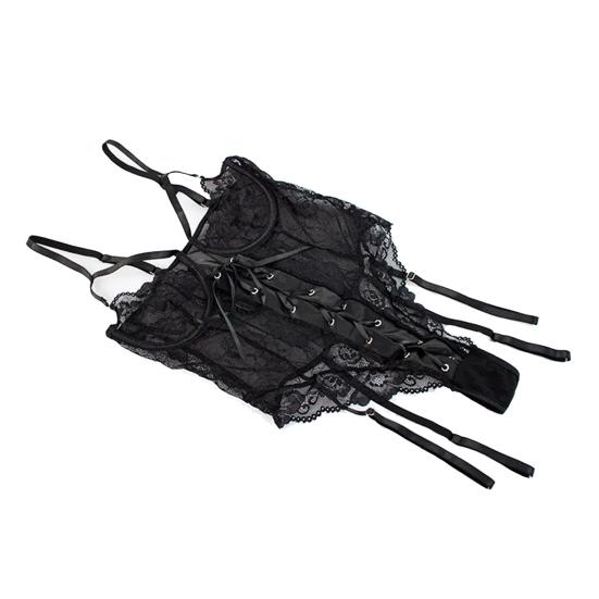 2Pcs/Set Sexy Underwear Set Deep V-Neck Bandage Design Jumpsuit Stockings Set Lace Splicing Hollow See-Through Sleepwear