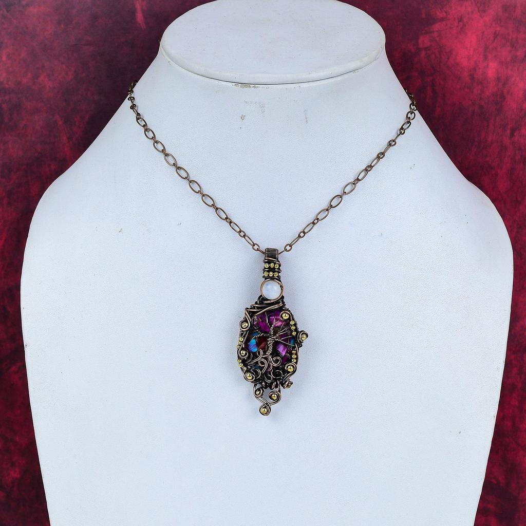 Tree of Life Natural Kingman Pink Dahlia Turquoise Pendant Copper Wire Wrapped Gemstone Pendant Handmade Moonstone Jewelry Gifts for Mother