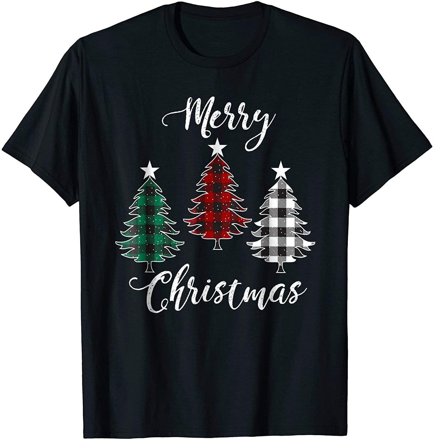 BEST! Merry Christmas Yáll With Buffalo Plaid Trees Pine Graphic Tee S-3XL S