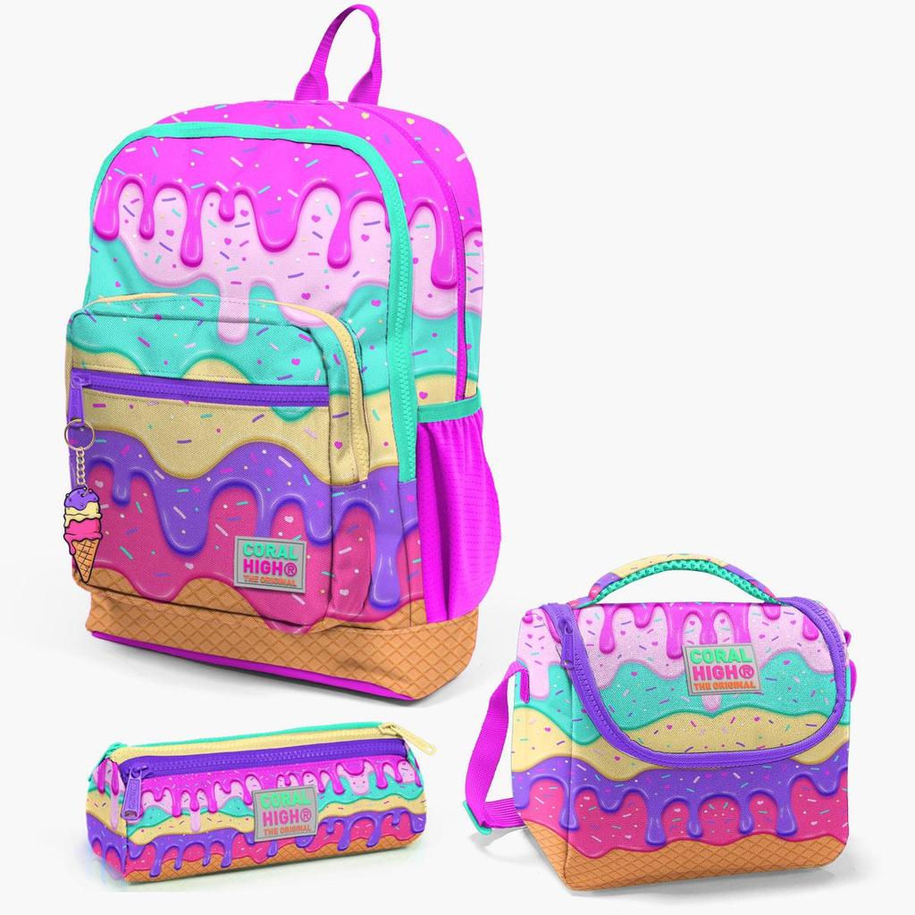 Coral High Kids Pink Colorful Ice Cream Patterned 3-Piece School Bag Set SET0123731