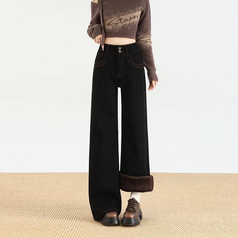 

Women s Black Wide-Leg Plus Velvet Jeans - New Style, Slimming, Elastic, Thickened for Autumn/Winter Extra Small