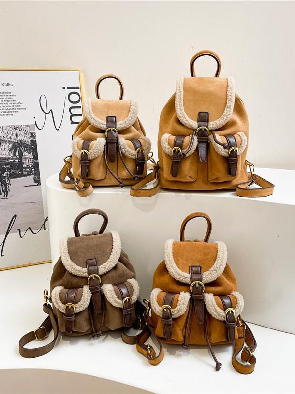 2025 Autumn/Winter Women's Retro Lambswool Color Block Handbag Backpack