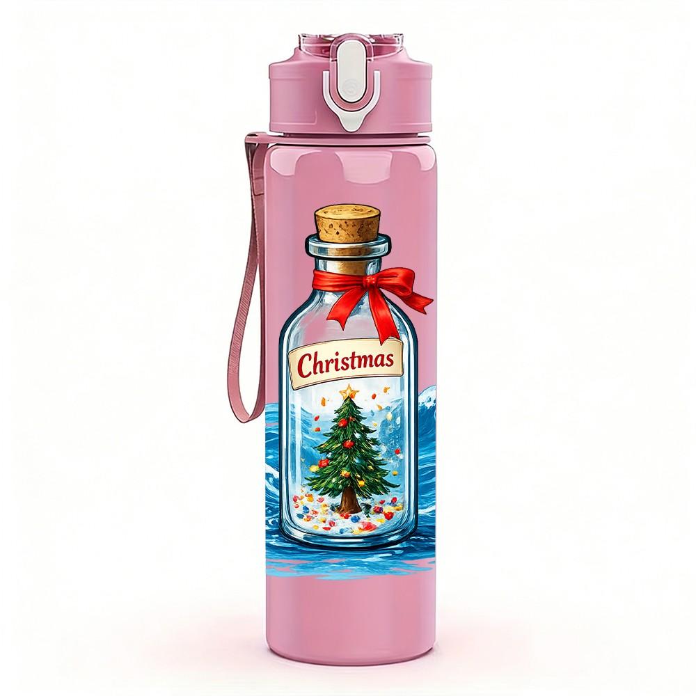1PC Glass Bottle Christmas Tree Ocean Print 750ml Color Plastic Sports Water Bottle Leakproof Flip Straw Lid Suitable for Sports Office Home Use