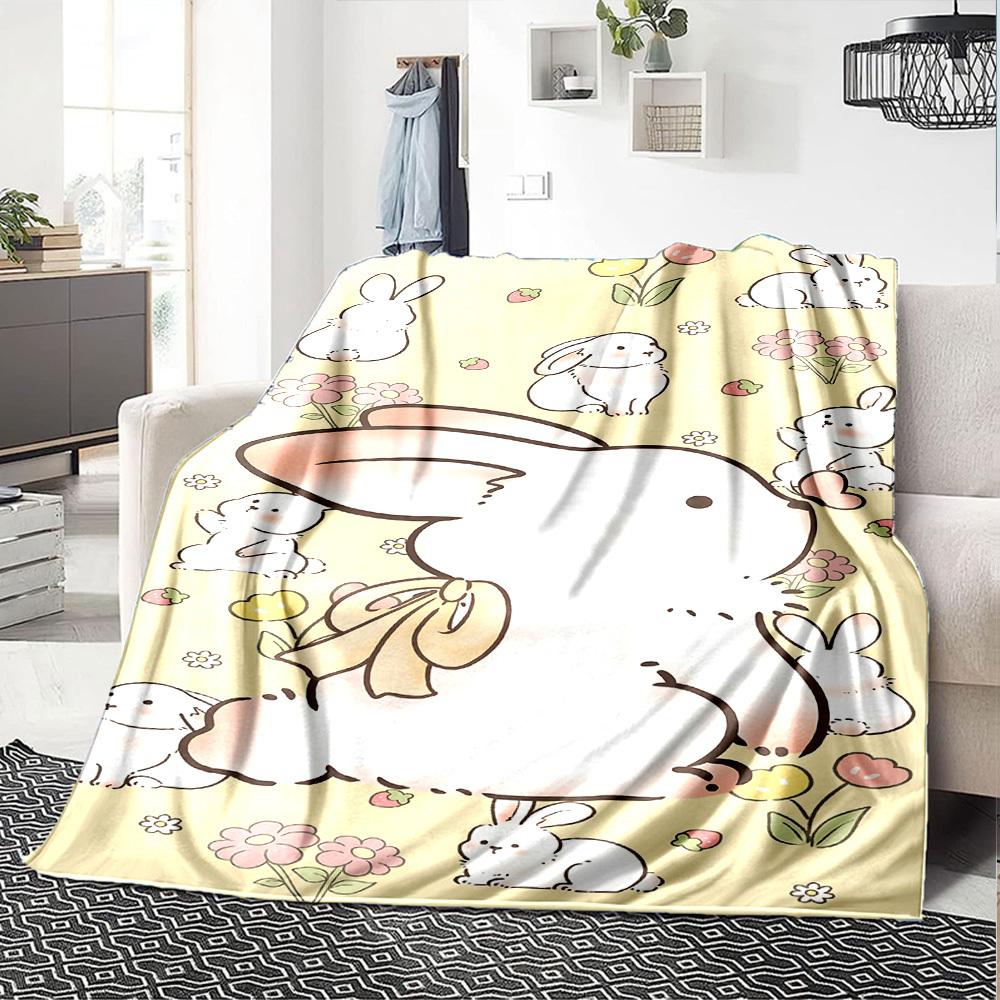 1pc Rabbit Flowers Blanket Lightweight Flannel Throw for Sofa Bed Travel Camping Livingroom Office Couch Chair
