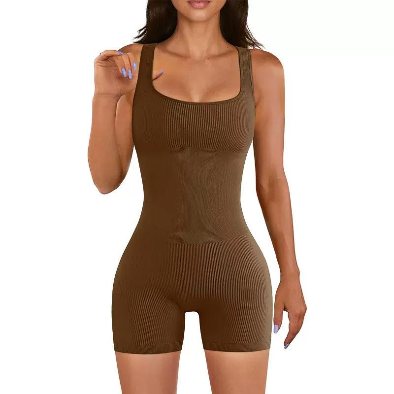 Women's Seamless Ribbed Yoga Bodysuit - Butt-Lifting Summer One-Piece with Tight Fit and Straps