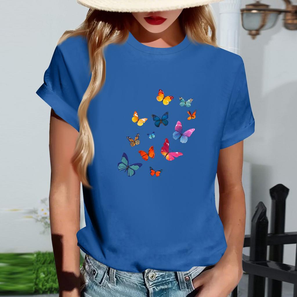 Women's Fashionable Round Neck Casual Retro Print Short Sleeved T-shirt Top