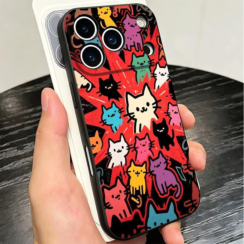 Cartoon Cute Cats Theme Soft Phone Case for iPhone 16 16E 17 Air 15 Pro Max 14 Plus 13 Mini 11 12 7 Black Cover Back Shell