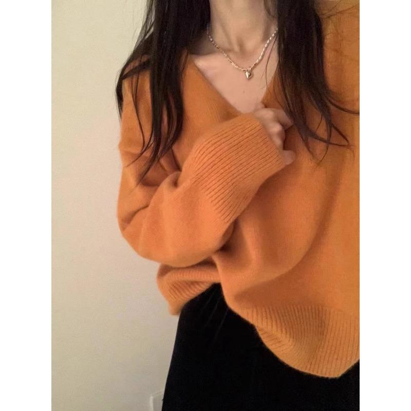 Women's V-neck Knitted Sweater Thick Autumn and Winter Loose Lazy Sweater Pullover Sweater