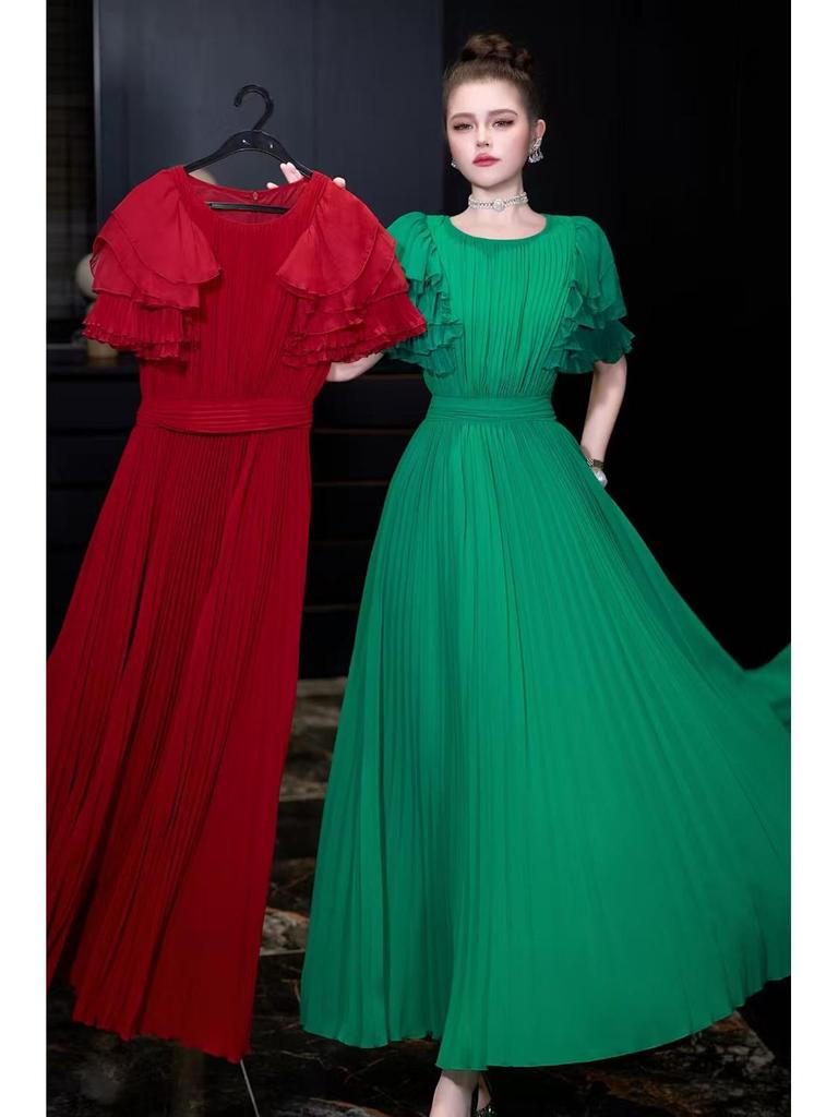 European Style Spring/Summer 2026 Women's Ruffle Short Sleeve Pleated Dress