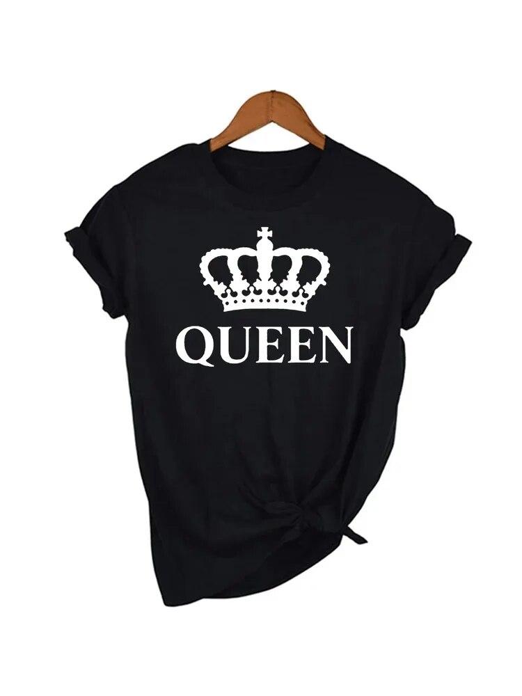100% Cotton T Shirt KING QUEEN Letter Crown Printed Black White T-shirts Summer Casual Couple Lovers Tshirt Tops Clothes Unisex