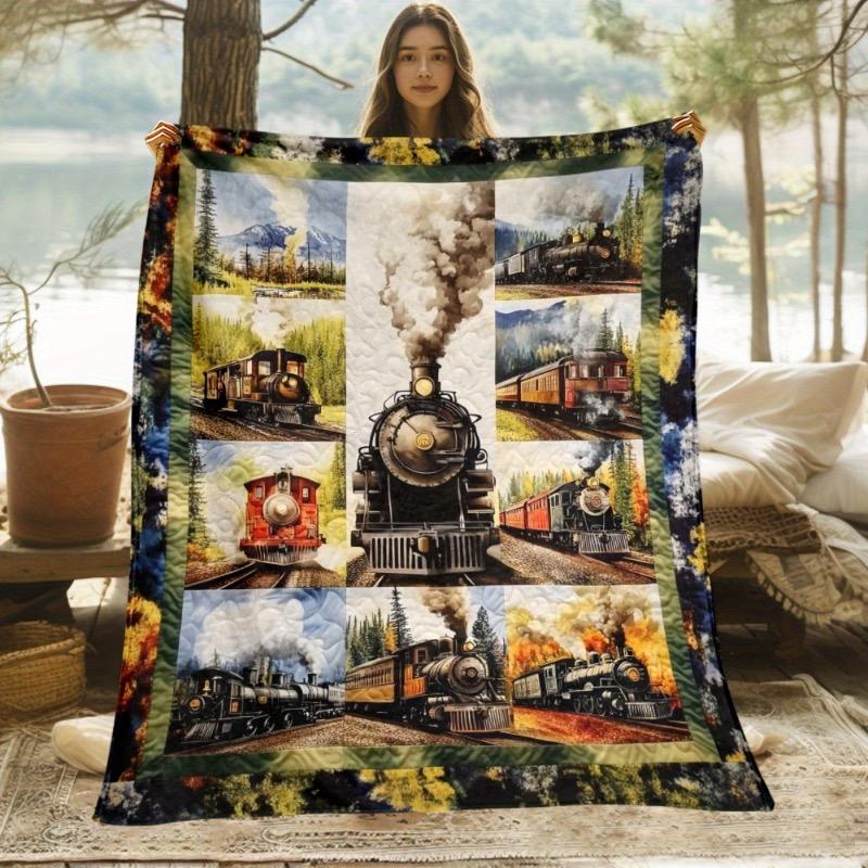 1pc Vintage Steam Train Throw Blanket - Locomotive & Railway Tracks Design with Lush Green Hills & -Timer Train Engines 75x90cm