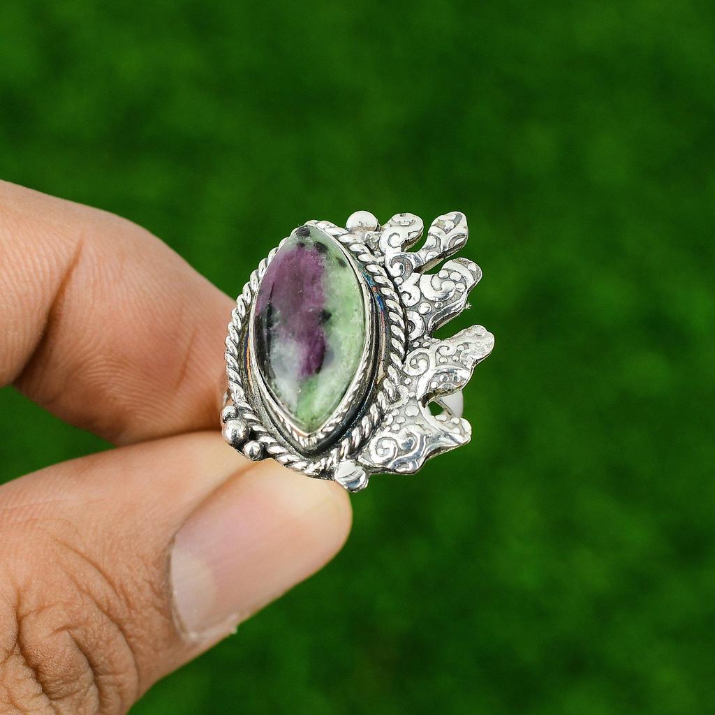 Mothers day Deal 925 Silver Ruby Zoisite Gemstone Bezel Statement Ring Jewelry