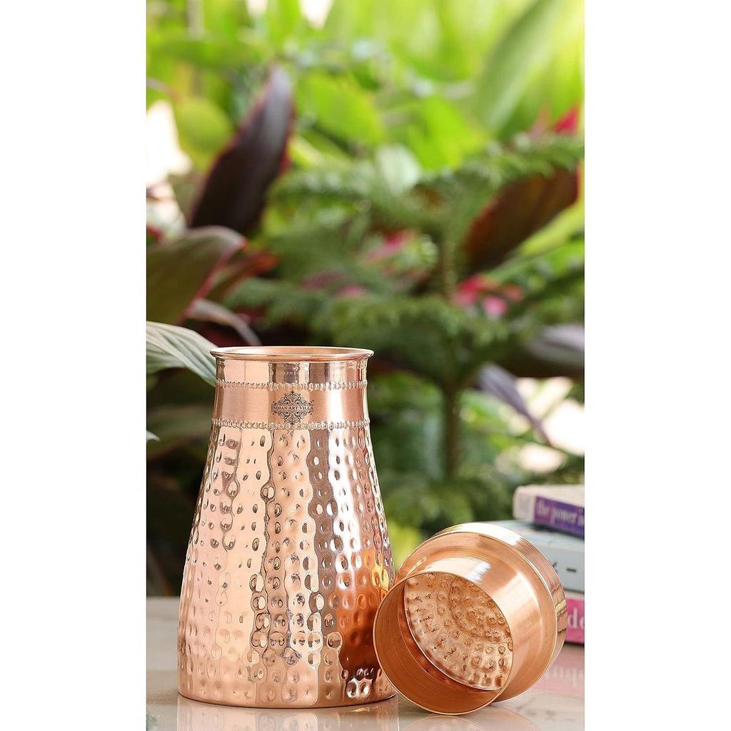 Copper Hammered Shine Design Bedroom Water Bottle with Inbuilt Glass, Volume - 600 ML, Pack of 2