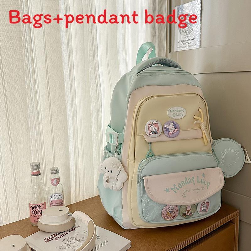 Color Simple Blocked Letter Pattern Student Backpack With Badge Pendant And