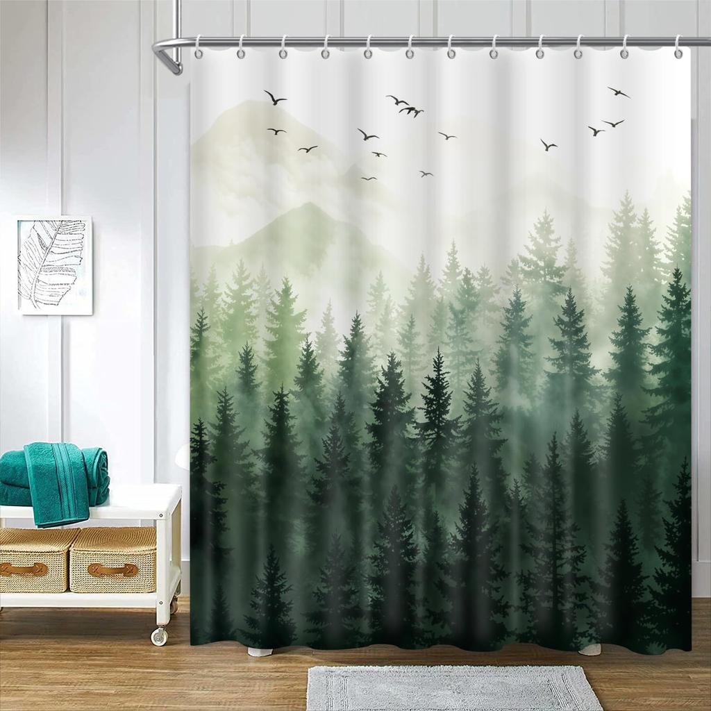 ChloropLastid Nature Forest Shower Curtain Black Woodland Pine Tree Landscape Bathtub Curtain Bath Decor Waterproof Polyester
