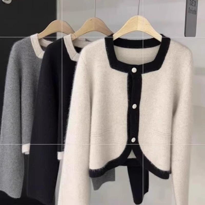 Contrast Color Square Neck Raccoon Velvet Knitted Cardigan Women's Autumn and Winter Short Cashmere Sweater Jacket Outside