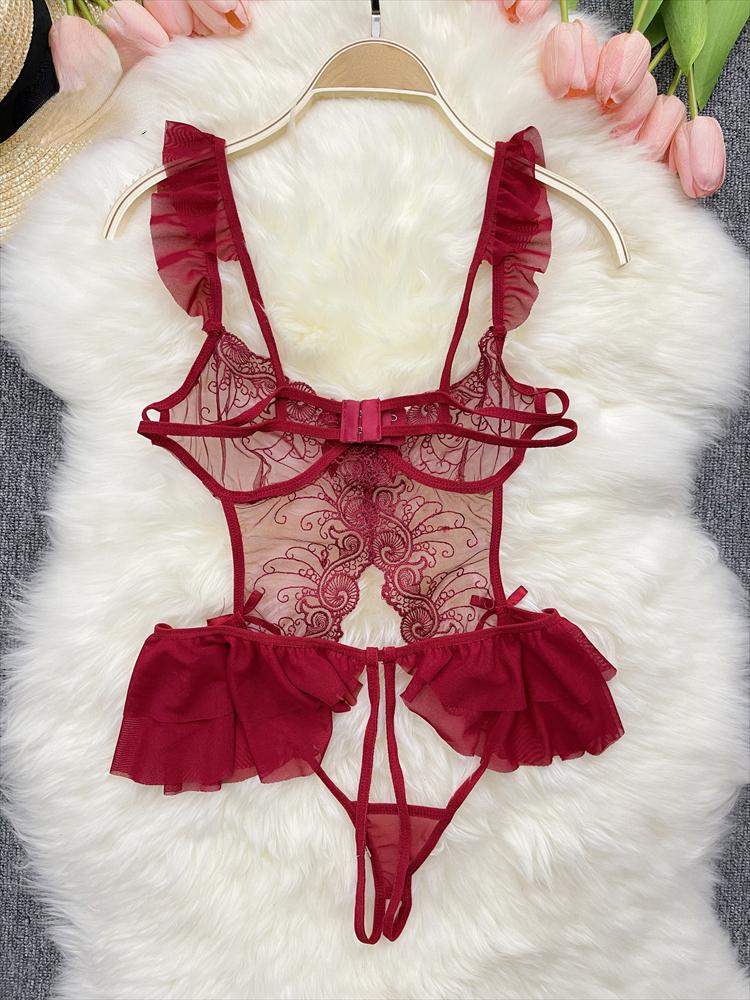 2024 Sheer Bow Lace Sexy Jumpsuits Women Hollow Out Porno Lingerie Romper Female Open Crotch Fashion Strap Transparent Playsuits