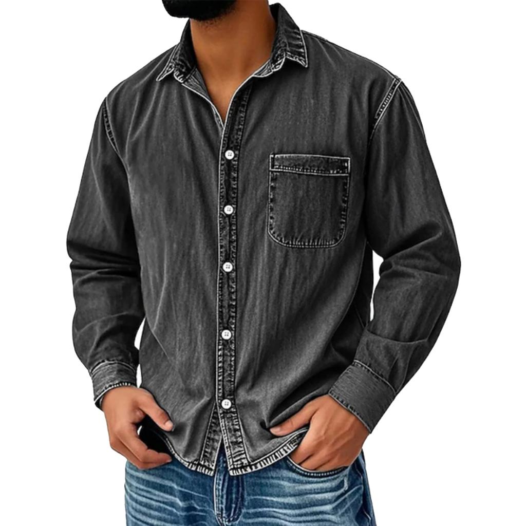 Men's Casual Solid Color Distressed Denim Shirt, Men's American Workwear, Retro Washed Long-sleeved Top