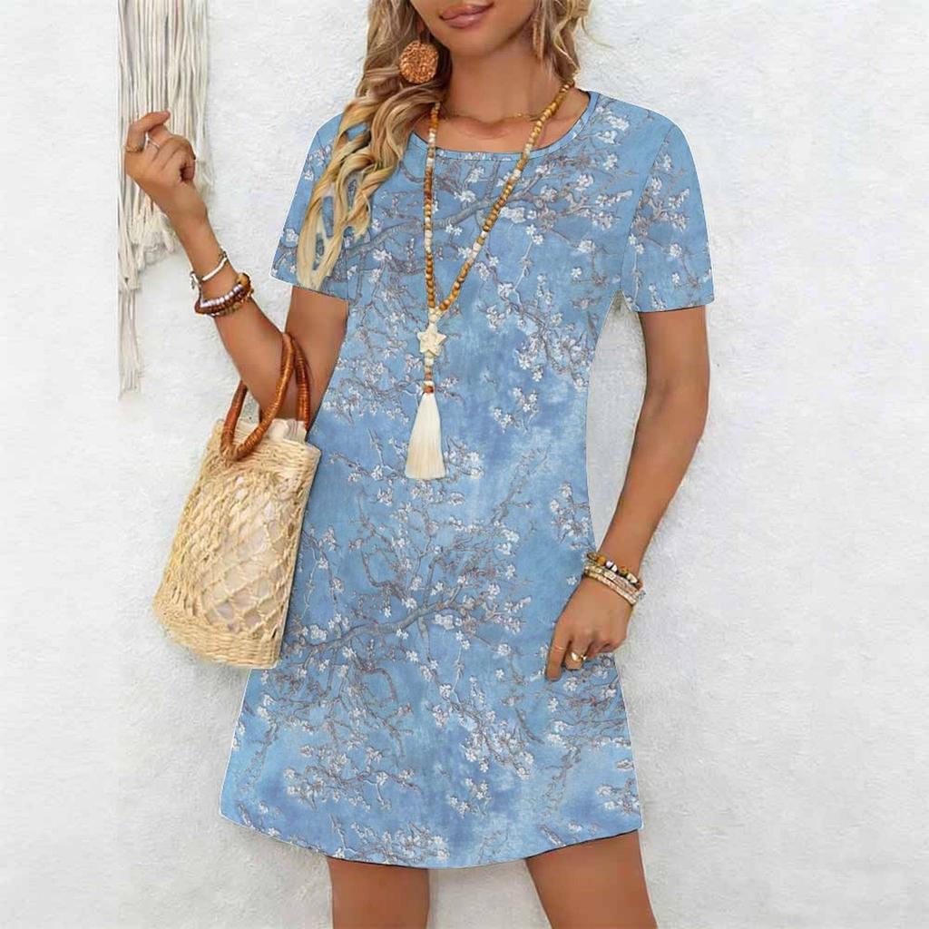 Women's Fashion Graceful Beautiful Maple Leaves and Flowers Colorful Flowers and Small Grass Print Summer Spring Short Sleeve O-Neck Casual Dresses
