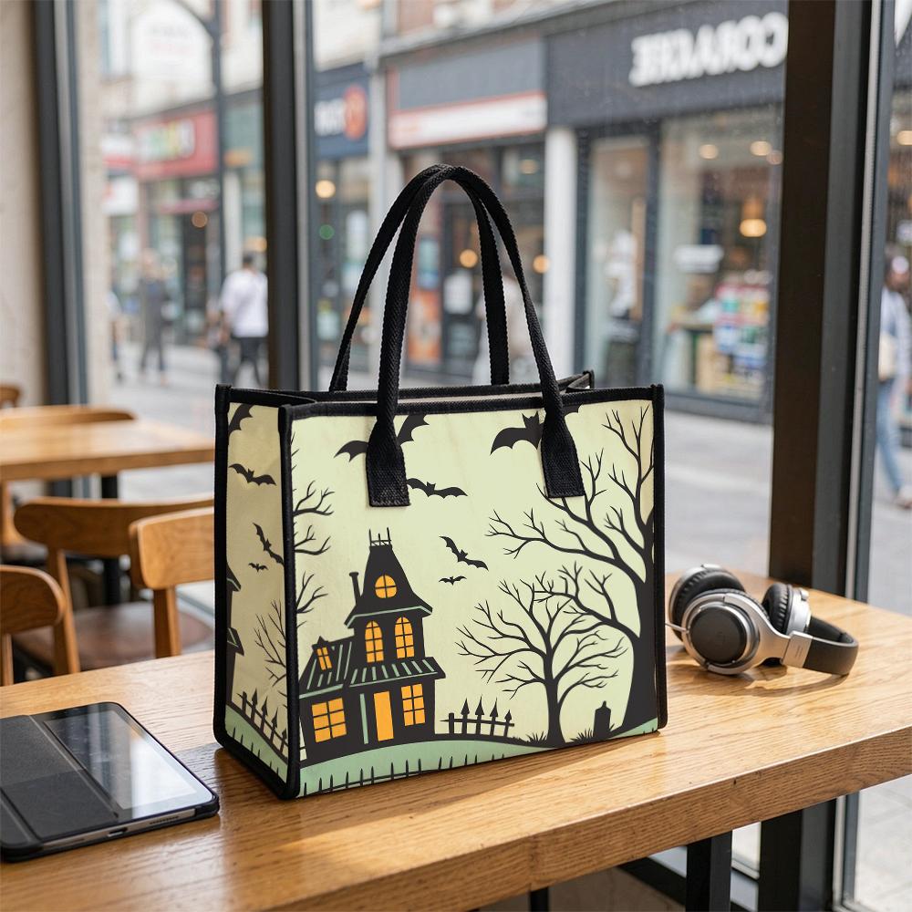 Halloween Spooky House Tote Bag Cute Bat Print Fashion Portable Casual Shopping Handbag
