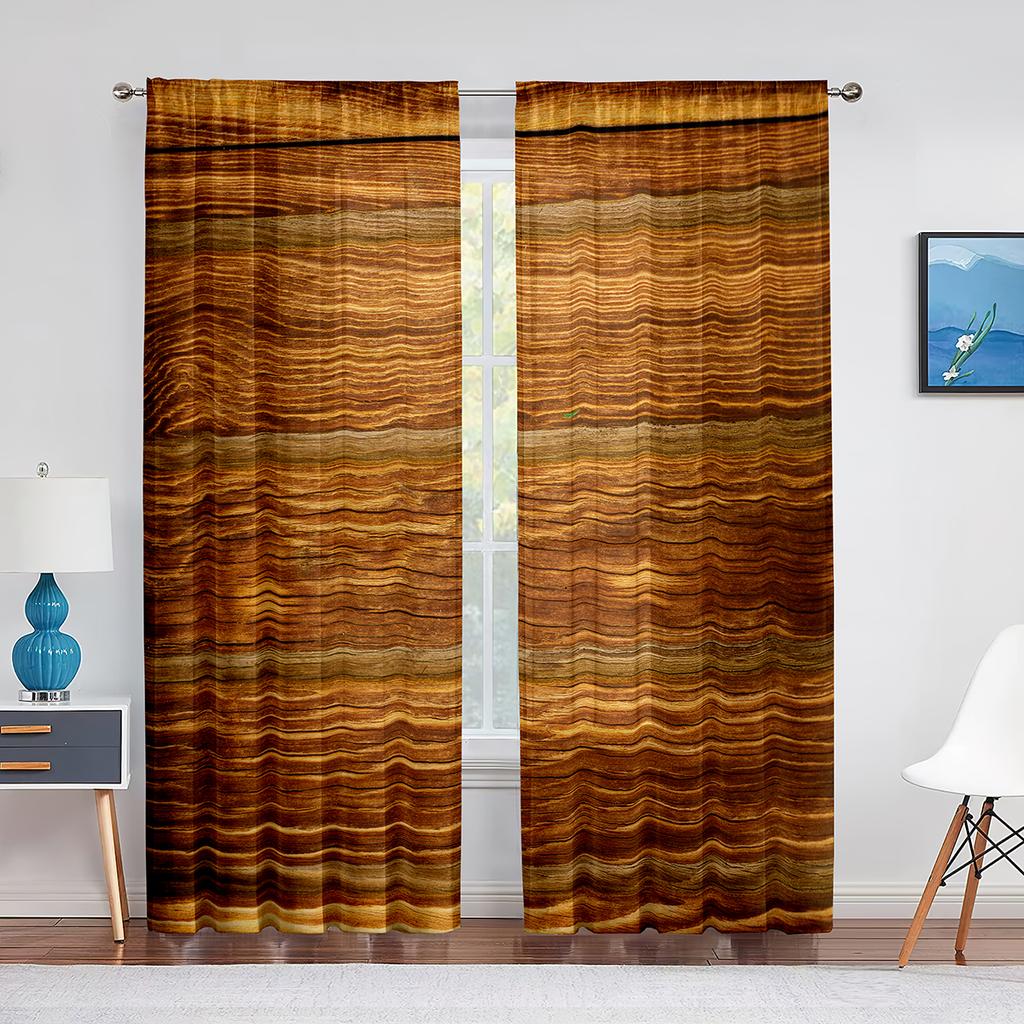 Farmhouse Style Western Brown Primitive Wood Tulle Curtains for Living Room Chiffon Sheer Voile Kitchen Bedroom Window Curtain