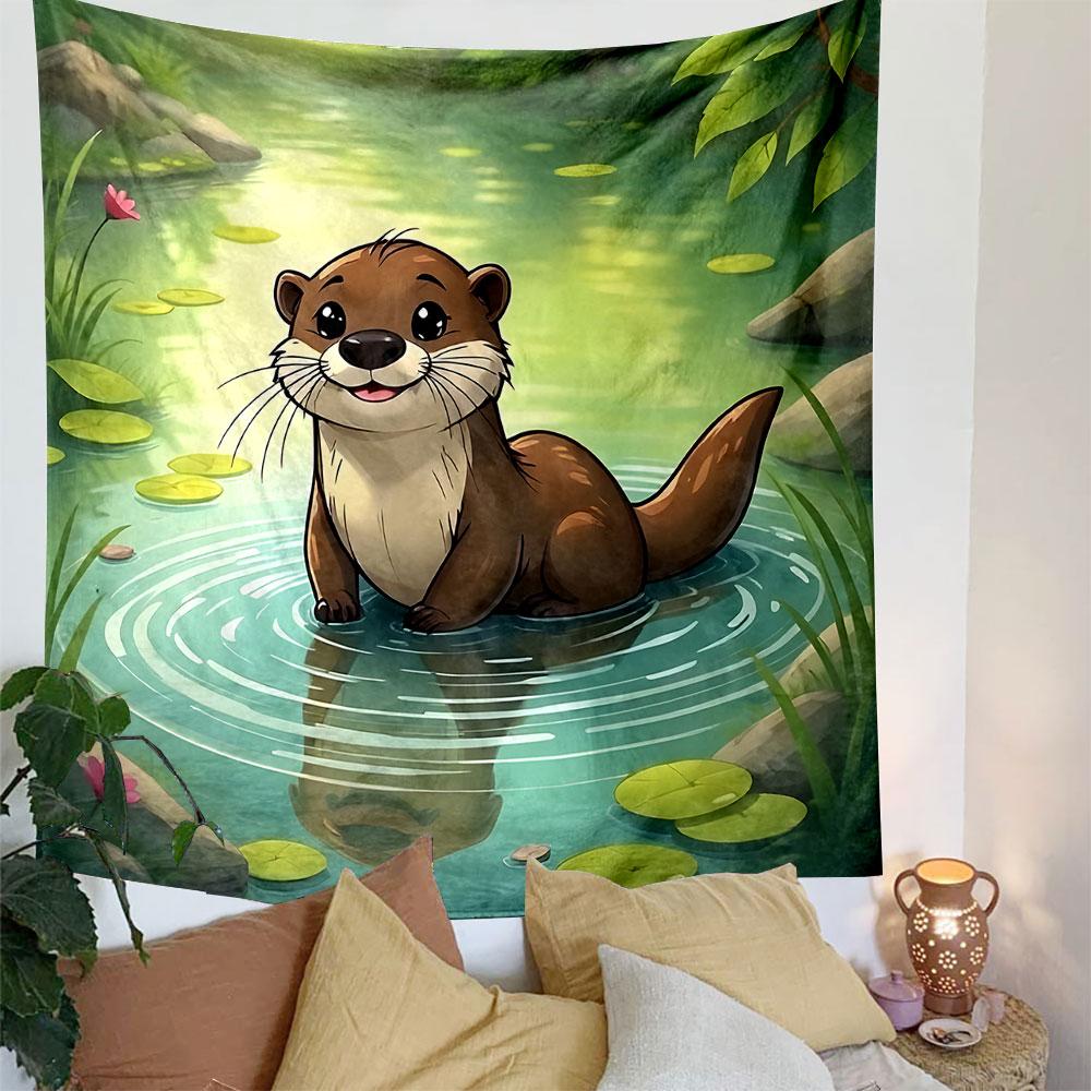 "Cartoon Otter by Serene Forest Pond" Patterned Tapestry Decorative Wall Hanging, Home Bedroom Living Room Decor