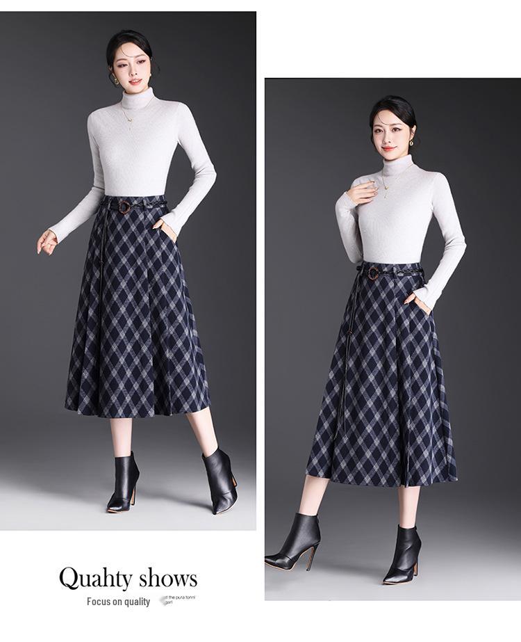 Spring 2026 High-Waist Grid Pleated A-Line Midi Skirt