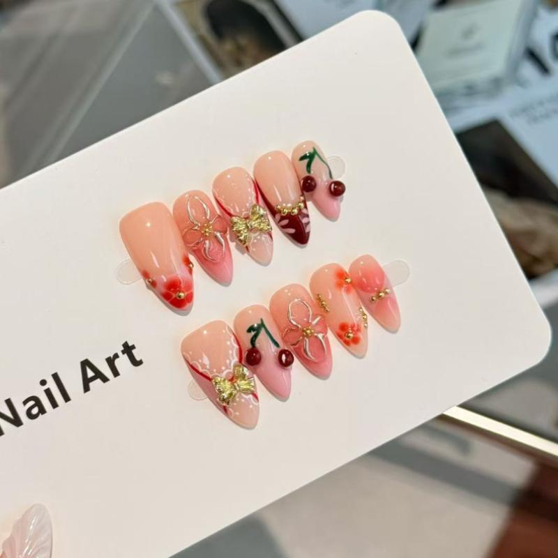 10Pcs Cherry Press On Nails - Nude Pink Fake Nails with Gold Bow Accents XS