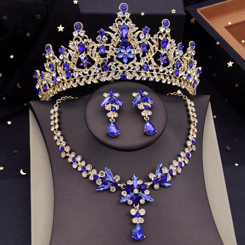 Luxury Green Crown Bridal Jewelry Sets for Women Tiaras Necklace Earring Set Wedding Choker Bride Evening Jewelry Set Fashion