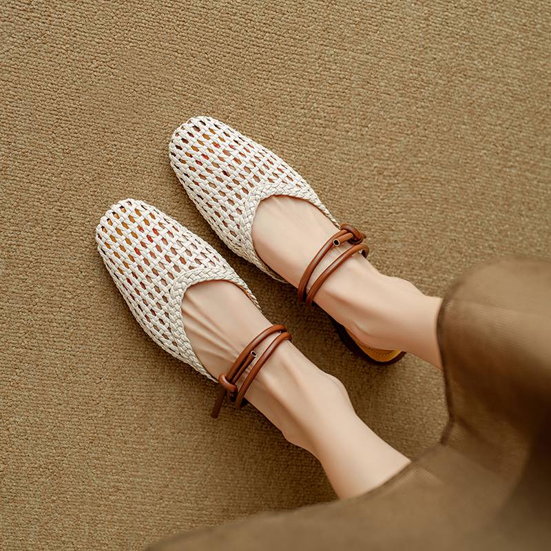 Krazing Pot Microfiber Mules Weaving Summer Size 41 Low Heels Slingback Party Shoes Women Square Toe Gladiator Hollow Out Pumps