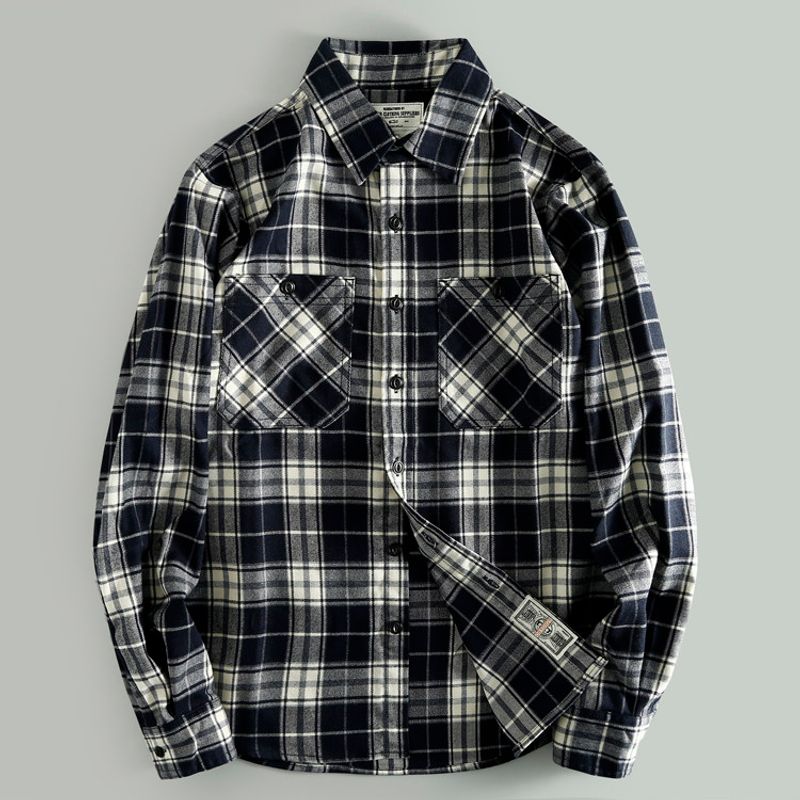 Heavy Weight Cattle Goods ~ Export Exported to Italy Thick Checks Fall Winter Men Long Sleeves Shirt Tail Goods Cut Label Shirt Blue L