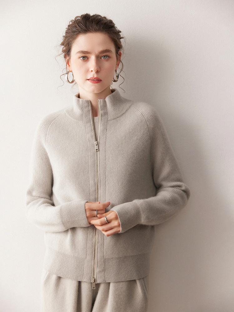 Primo Sguardo Ipnotizzante: Cardigan a maglia larga da donna con colletto alto in cashmere e doppia zip