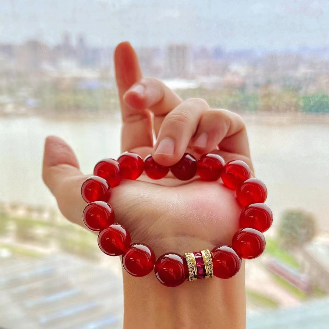 Vintage 12Mm High Quality Natural Pigeon Blood Red New Year Red Chalcedony Agate Bracelet Bracelet Guochao