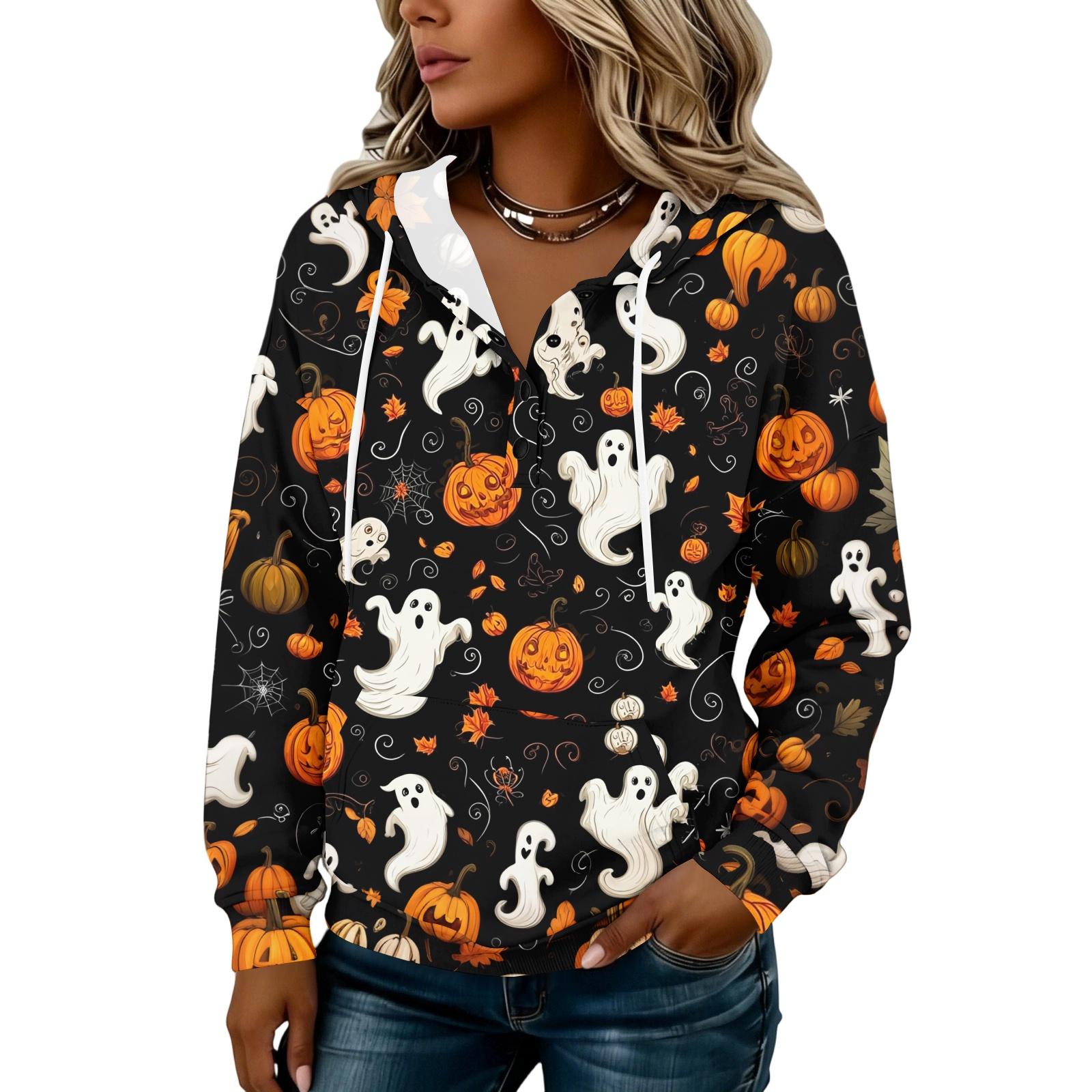 Women s Fashion Hooded Button Front Halloween Print Sweatshirt M
