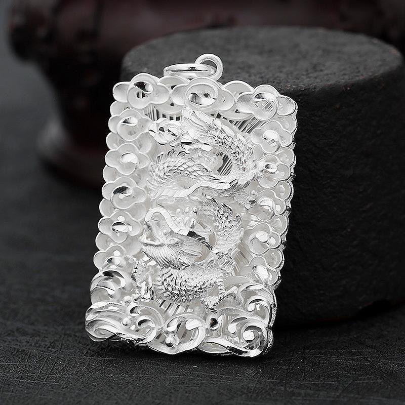 Серебряная подвеска-дракон на цепочке с китайским иероглифом Фу - Двухслойный полый дизайн